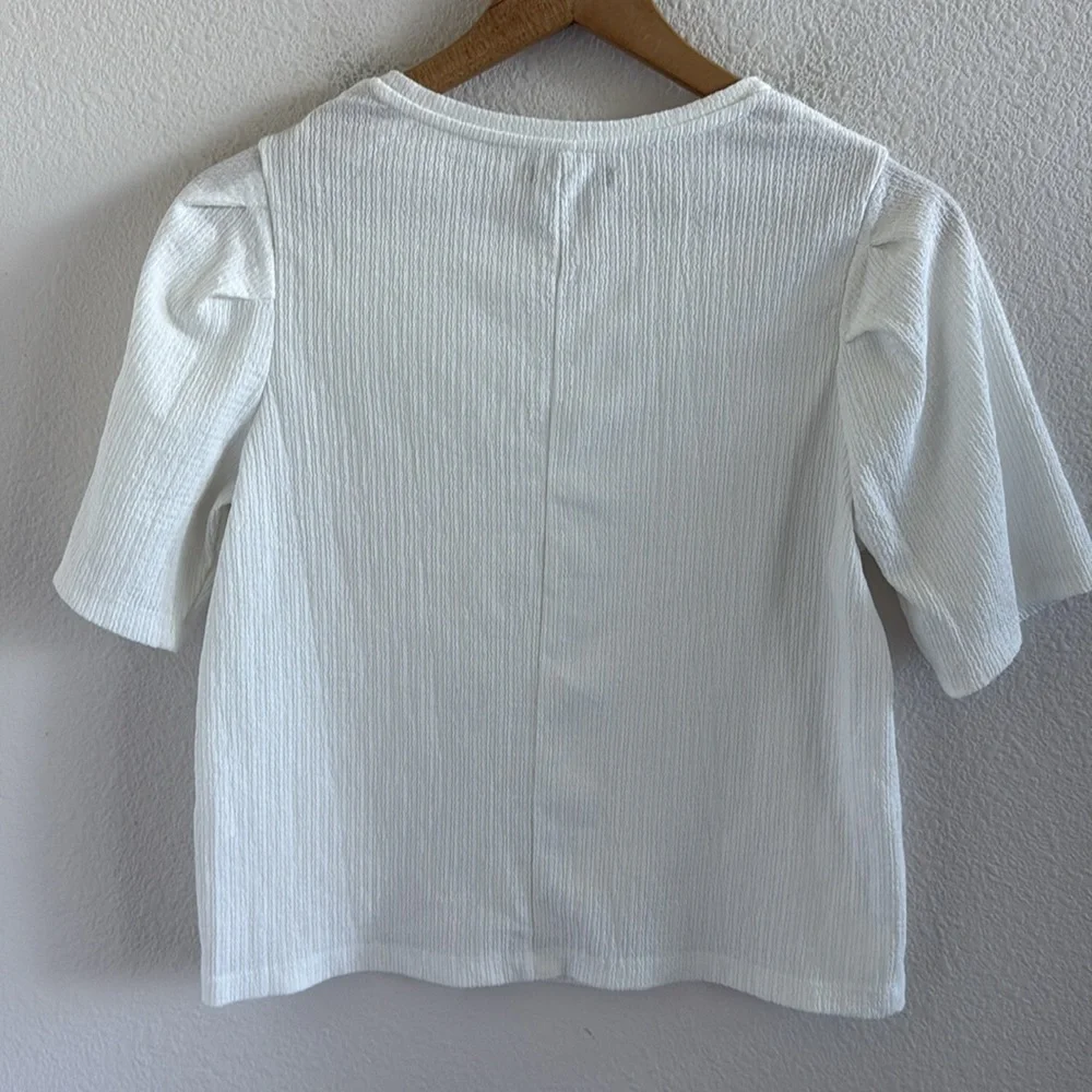 Zara Semi-Sheer White Textured Puff Sleeve Blouse Small